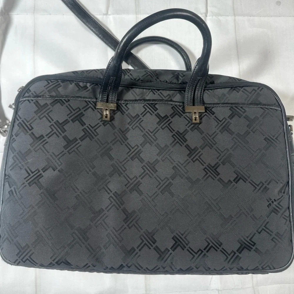 Tumi Black Monogram Laptop Briefcase With Leather Handles And Strap